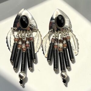 Signed TABRA Sterling Silver Onyx & Natural Bead Dangle Earrings 3” AUTHENTIC